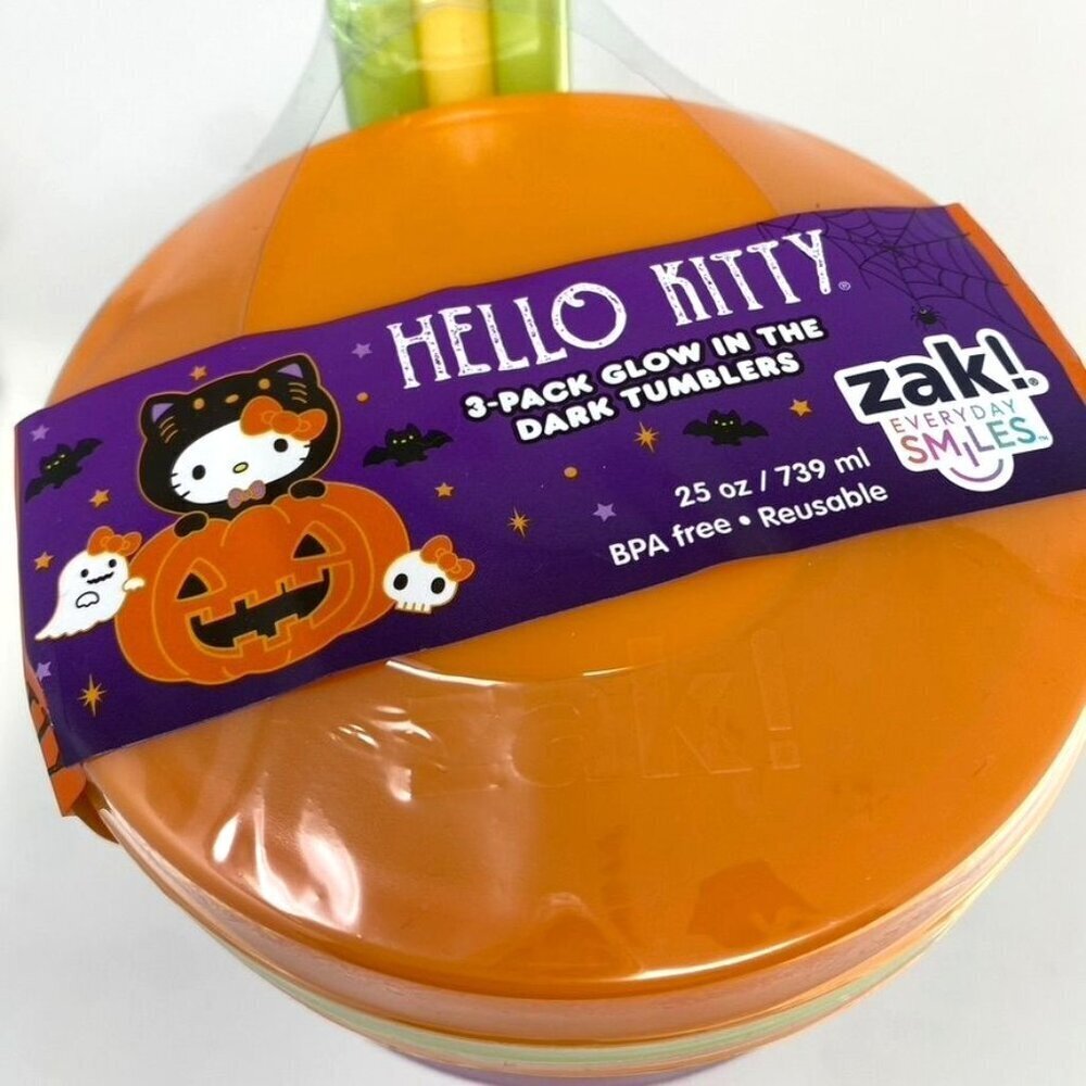 Zak Designs 3pc 25 Fl Oz Glow in the Dark Hello Kitty Halloween Tumbler Set - Picture 2 of 5